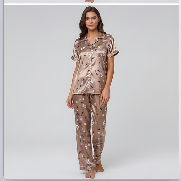 Satin Floral Print Contrast Piping Pyjama Set - Picture 1 of 6